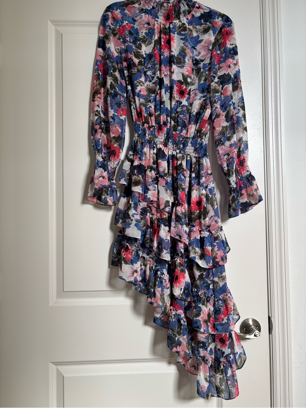 Misa Los Angeles Blue & Pink Floral Asymmetrical Ruffle Dress